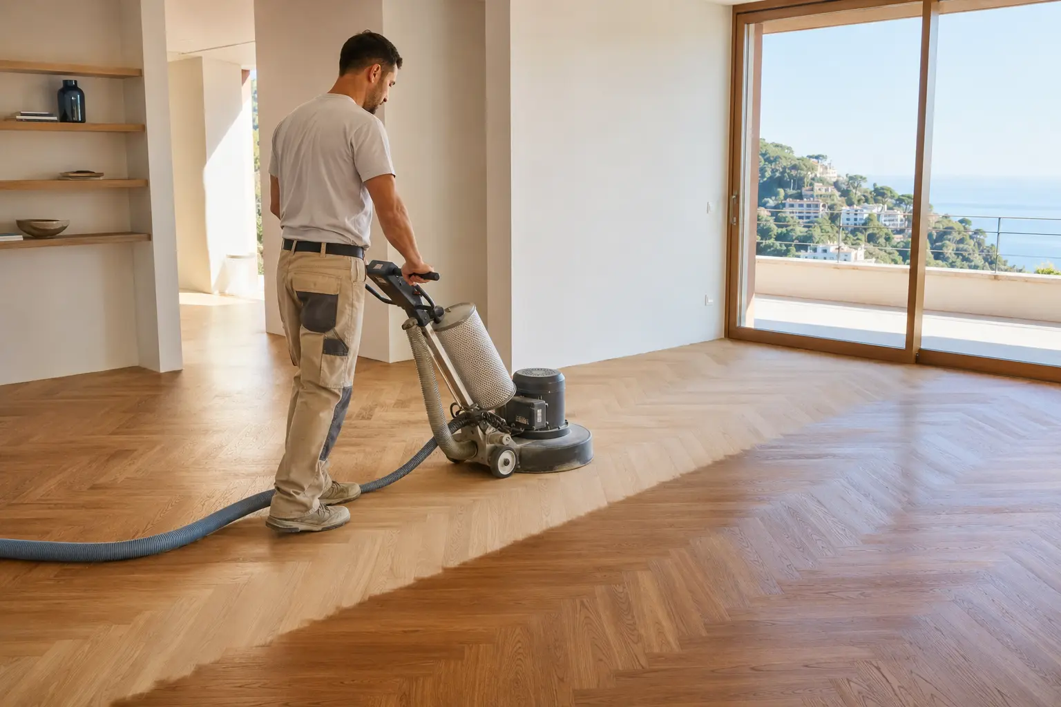 Profesional lijando un parquet de madera en Oviedo con maquinaria y aspiración